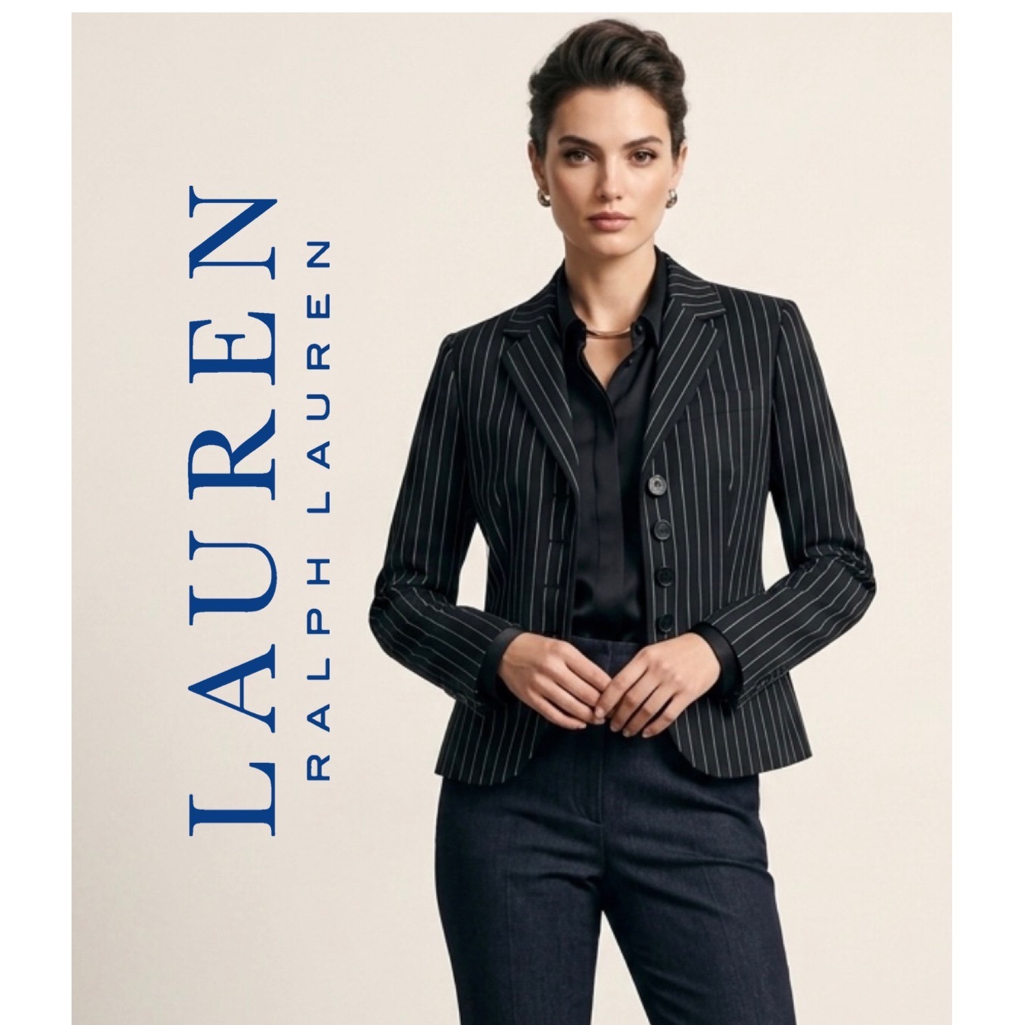Lauren Ralph Lauren Pinstripe Blazer Black White 4-Button Peplum Jacket 4p